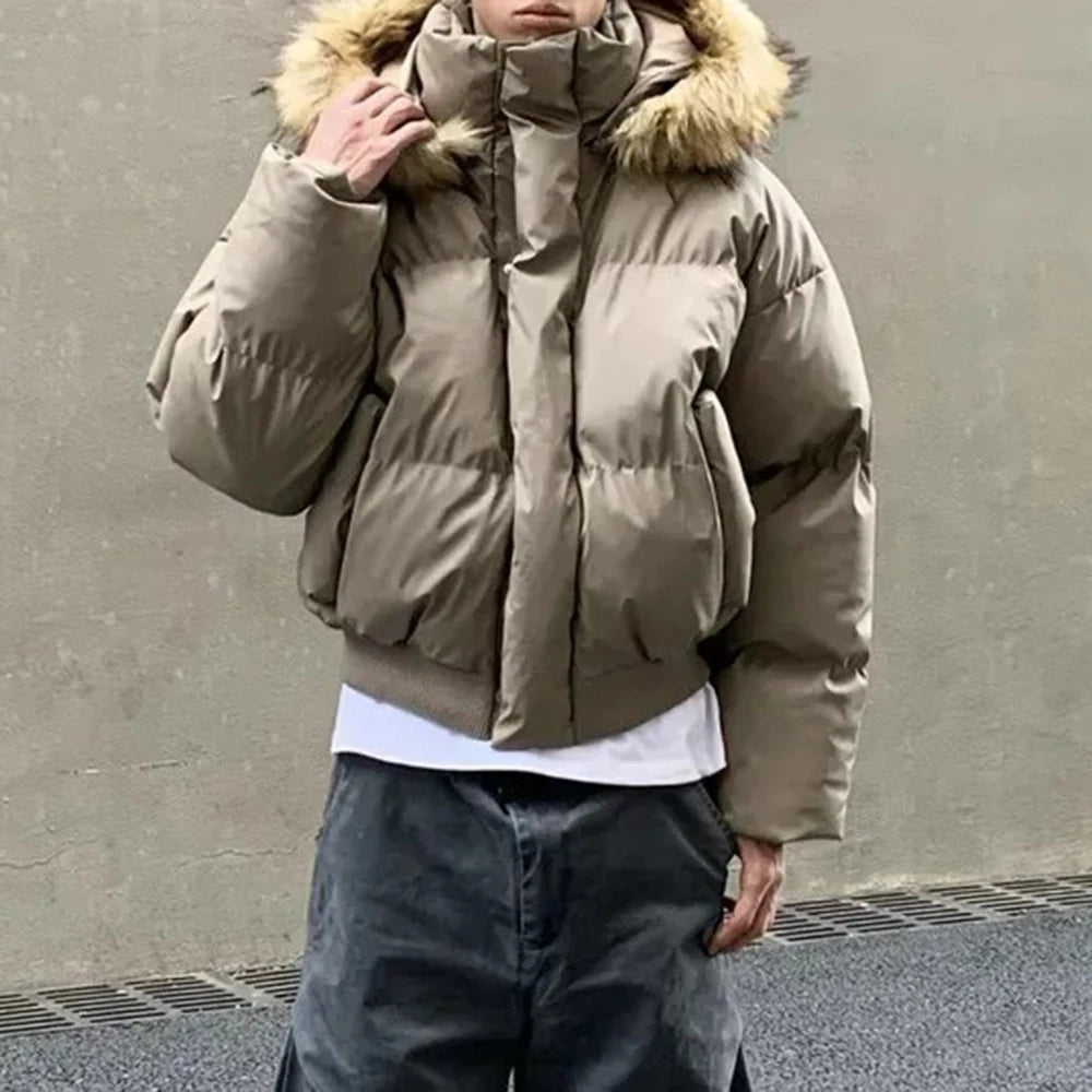 معطف رجالي من القطن بياقة من الفرو وغطاء للرأس لفصل الخريف والشتاء، معطف سميك أمريكي متقدم، جاكيت قصير للرجال من Y2K