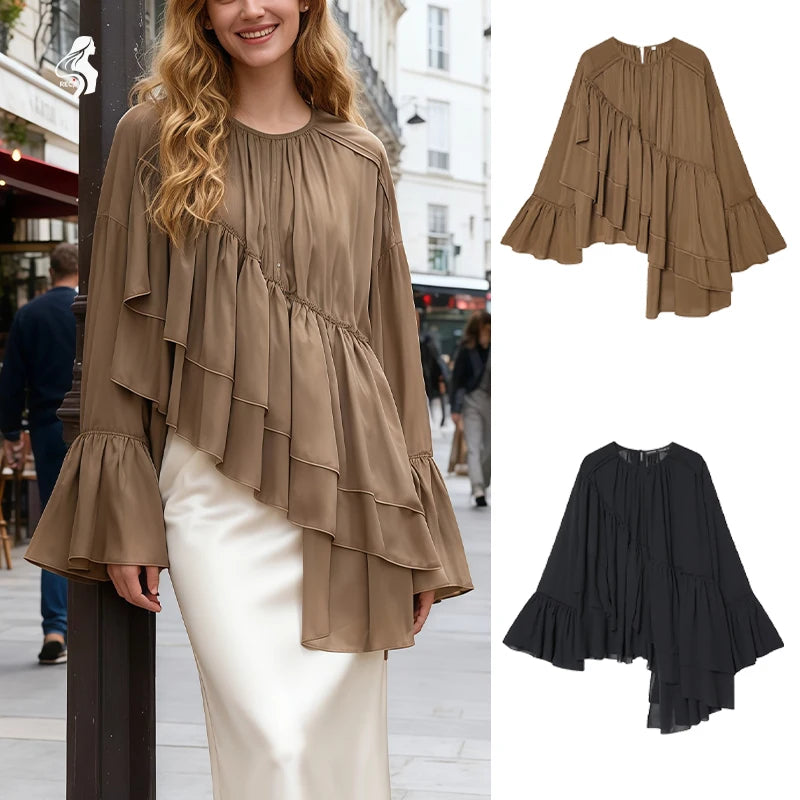 Womens Fashion Blouse Top With Ruffled Round Neck Long Sleeves And Asymmetrical Chiffon Shirt Autumn And Winter Casual Wear