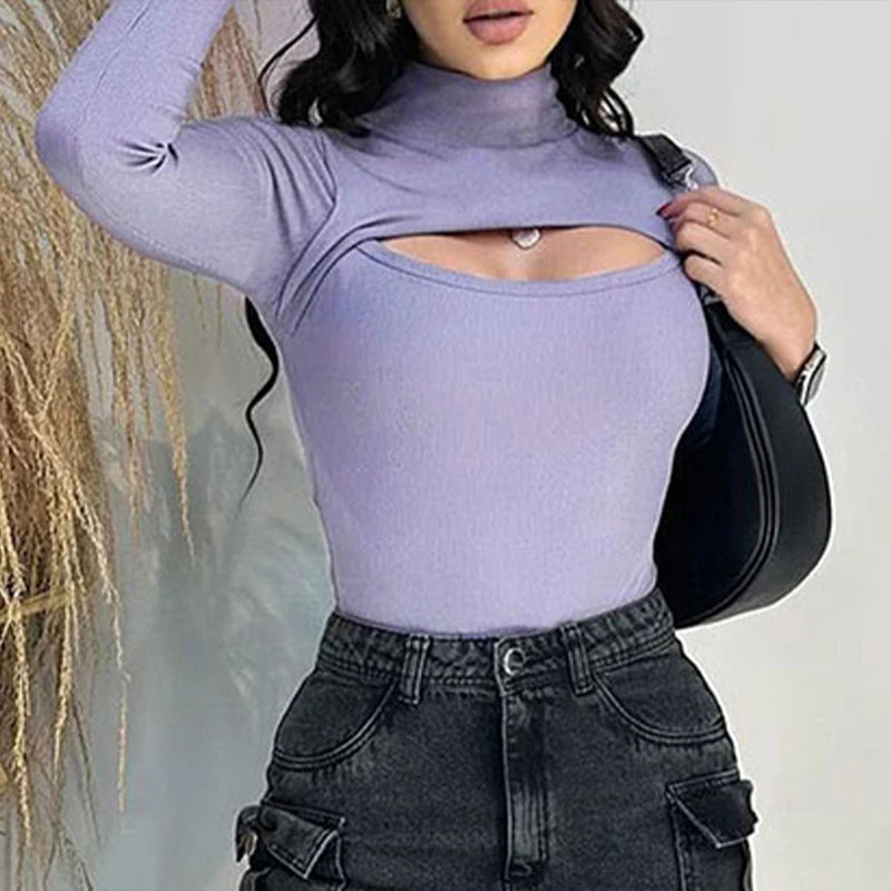 Women Fashion T-shirt New Autumn Winter Sexy Hollow Out Versatile Turtleneck Tees Casual Slim Streetwear Long Sleeves T-shirt