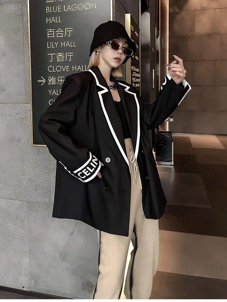 Women Fashion Jacket Wedding Casual Business High Quality Black Blazer Suit Coat Ladies Double Breasted Letter Long Sleeve Tops