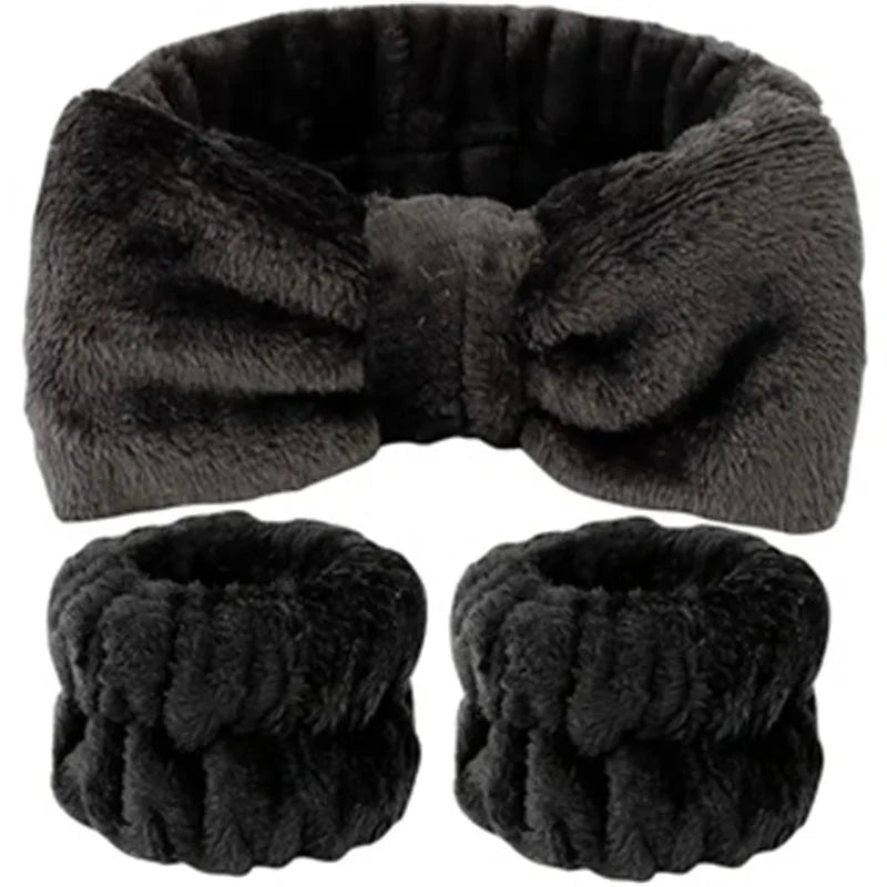 مجموعة من 3 قطع من عصابة رأس لغسل الوجه، أداة تنظيف الوجه، ربطة شعر على شكل فيونكة، أساور معصم مرنة لغسل الوجه