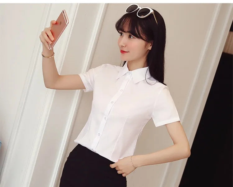 Fashion White Shirts Woman 2025 Autumn Short Sleeve Blouse Solid Ladies Tops OL Female Clothing  Basic Work Shirt Women's Blouse SwiftNest