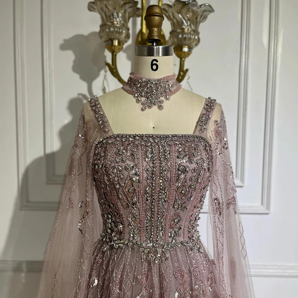 Serene Hill 2025 Arabic Nude A Line Cape Sleeve Crystal Beaded Luxury Evening Dresses Gowns Formal Occasion Customize BLA72764
