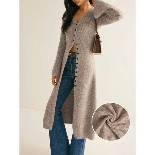 Women's Dress: High-end French V-neck Slimming Knitted Cardigan, Mid-length Solid-color Knitted Long Dress for Women Windbreaker