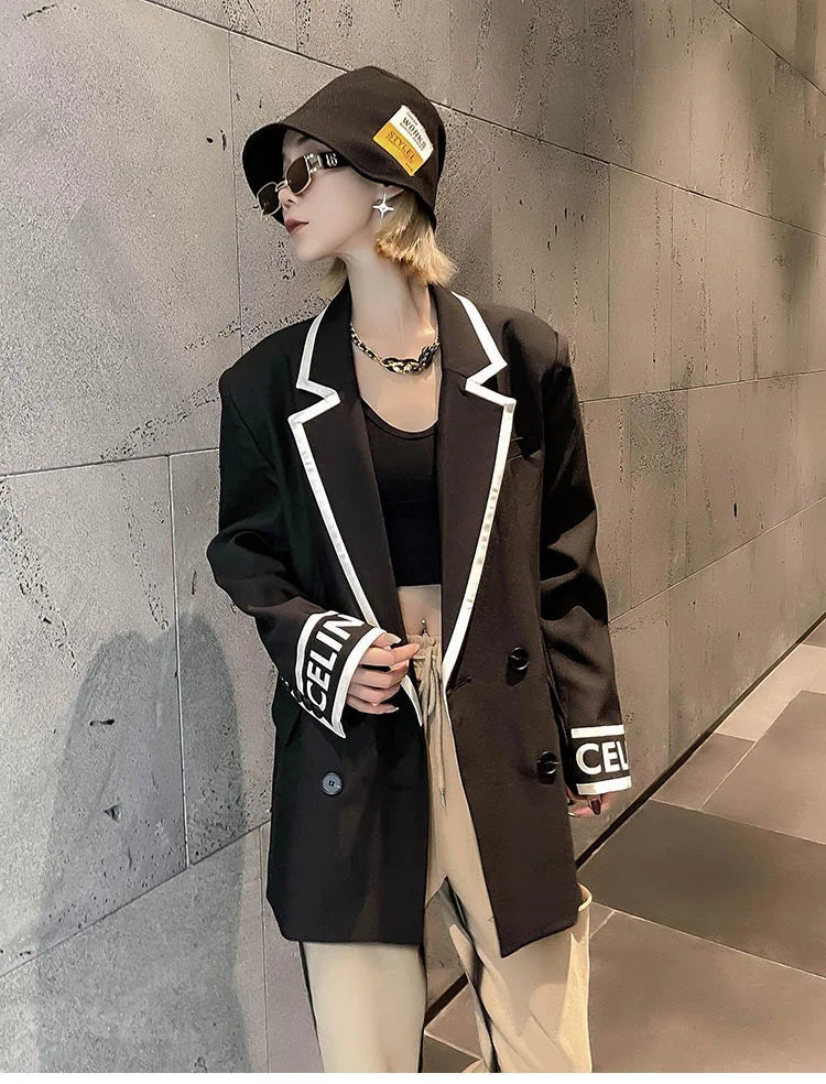 Women Fashion Jacket Wedding Casual Business High Quality Black Blazer Suit Coat Ladies Double Breasted Letter Long Sleeve Tops