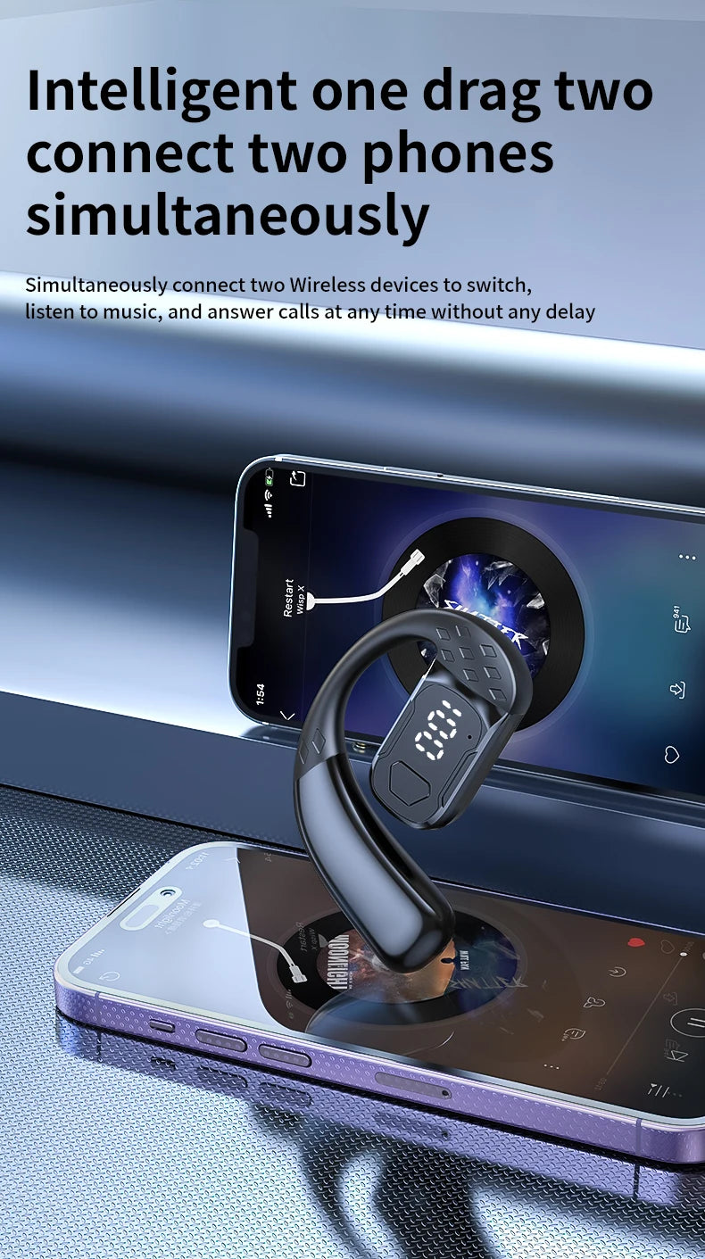 سماعة رأس لاسلكية بتقنية البلوتوث 5.4 مفتوحة بزاوية 180 درجة مع شاشة عرض LED للبطارية على كلا الأذنين وميكروفون وسماعة أذن