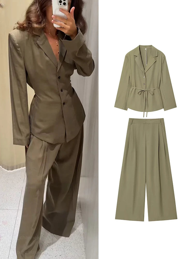 2025 New Women's Fashion Pant Suit V Neck Lace Up Belt Suit Coat High Waist Wide Leg Pants Set Elegant Commuter Office Outfits