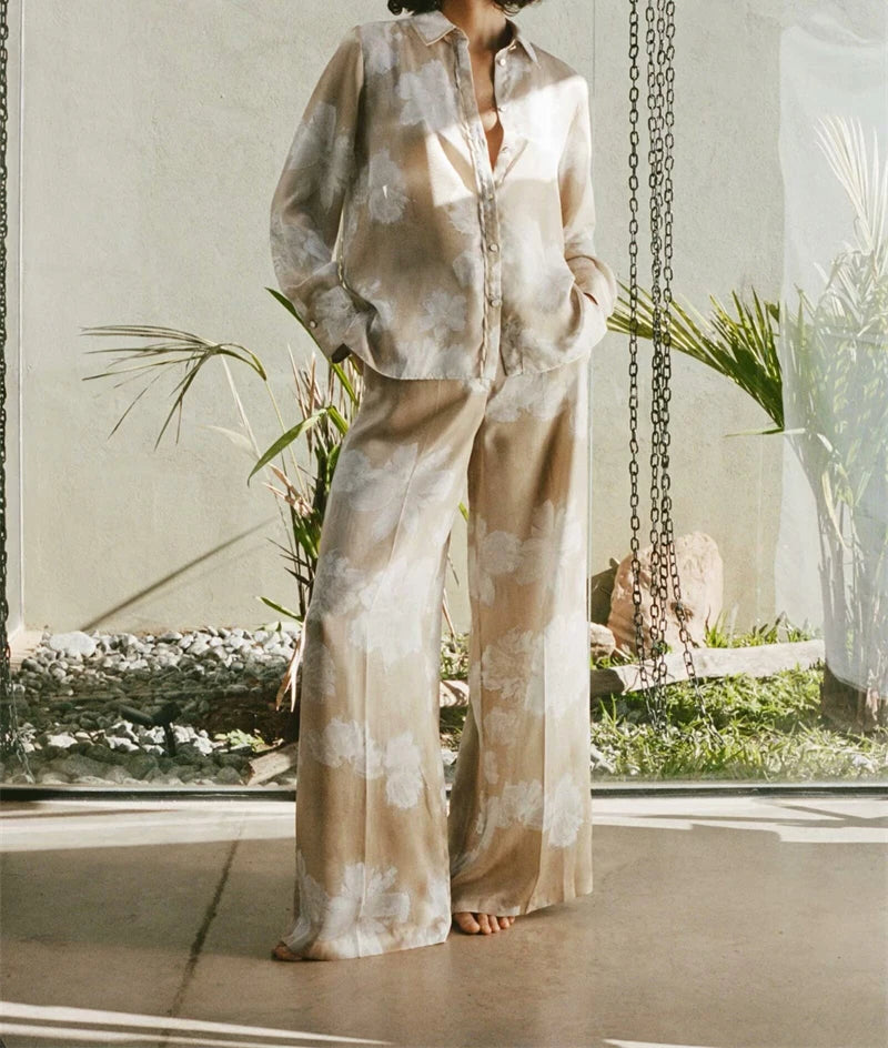 Women's Suit Spring-Summer 2024 New Fashionable Floral-Print Satin Shirt Printed Pants Elegant chic women's suit SwiftNest