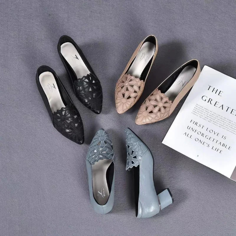 Flowers Hollow Sandals Women Retro Pointed Toe Chunky High Heels Breathable Fashion Ladies Shoes Zapatillas Mujer 2023