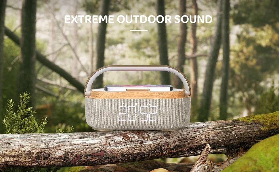 مكبر صوت بلوتوث 2500 مللي أمبير في الساعة يدعم الشحن اللاسلكي 15 وات وشاشة ساعة رقمية وساعة منبه بإضاءة ليلية وستيريو بلوتوث