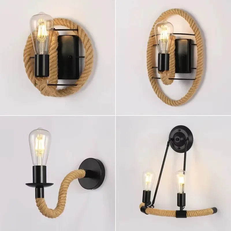 Bedside bedroom decorative wall lamp retro staircase hallway iron hemp rope lamp American industrial style Sconce lamp