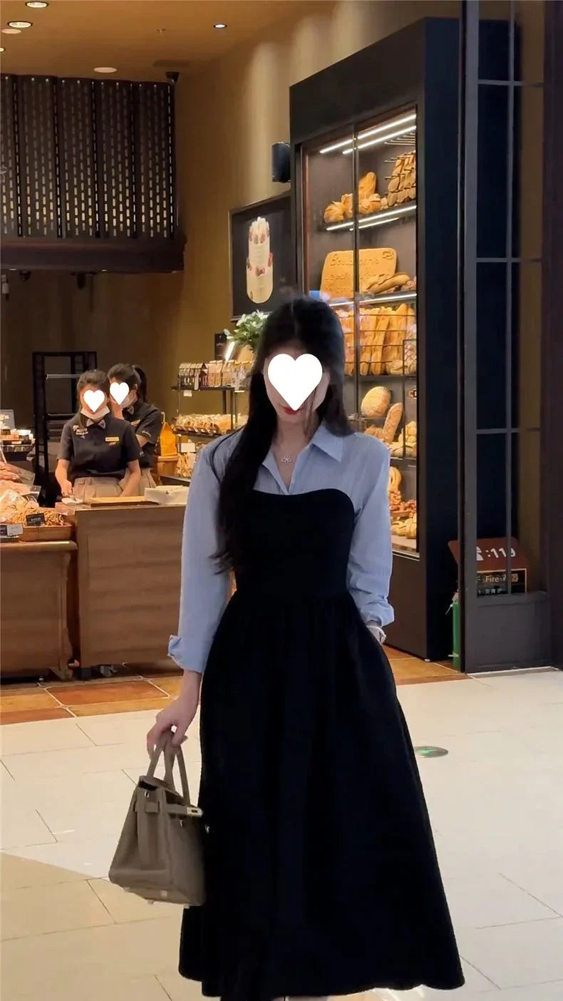 Women's Fashion Two-piece Illusionshirt Black Long Sleeve Dress High-end Feel Matching Set