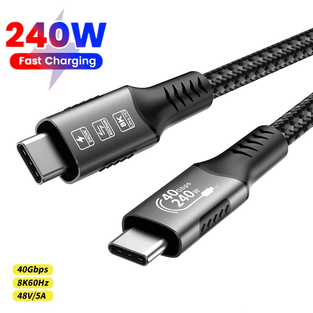 USB4 Cable Thunderbolt 3/4 40Gbps USB-C 8K Video Cable PD240W Fast Charger Suitable for iPhone 16 Macbook Hard Disk Data Cable