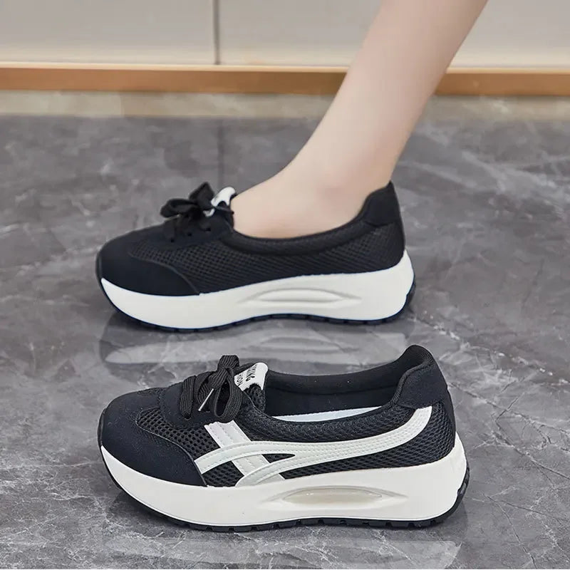 2024 Autumn New Mesh Casual Women's Flat Shoes Fashion Round Head Wedge Light and Smooth Women's Vulcanized Shoes
