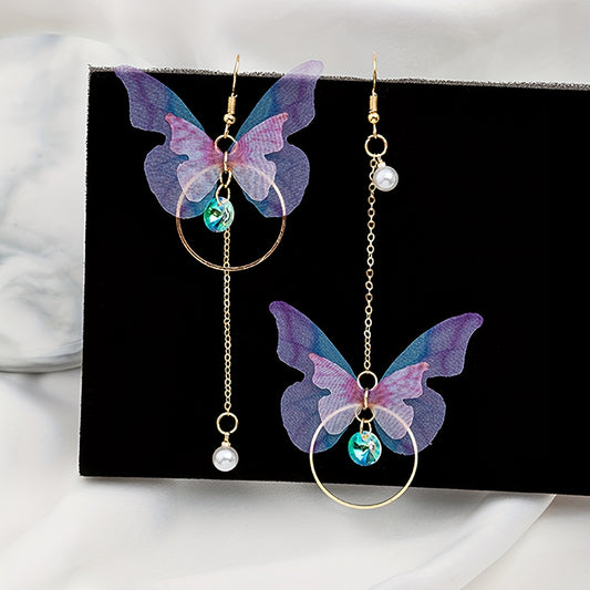 Stunning Butterfly Dangle Earrings - Drop & Dangle Jewelry with Sparkling Zirconia, Faux Pearl, Asymmetric Design, Silver Plated Alloy, Elegant and Eye-Catching Accessories for Women