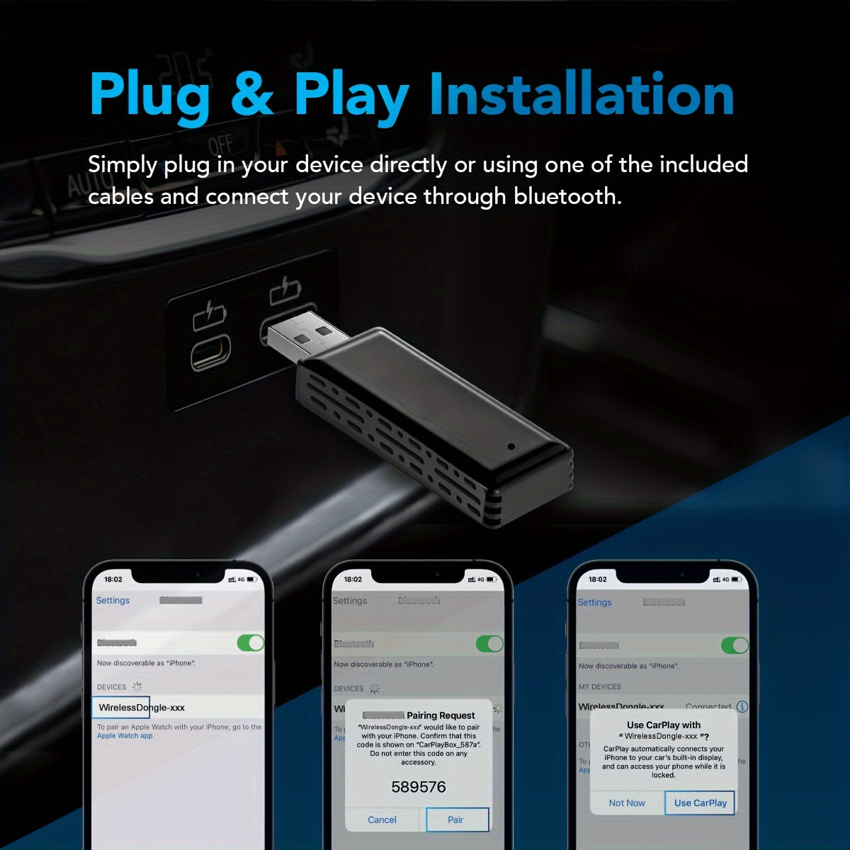 Universal 2-in-1 Wireless CarPlay and Android Auto Adapter - Plug & Play, Wi-Fi-Enabled, Low Latency Converter for iPhone iOS 12+ & Android Phones 11+, Car Media Interface Accessory Without Battery