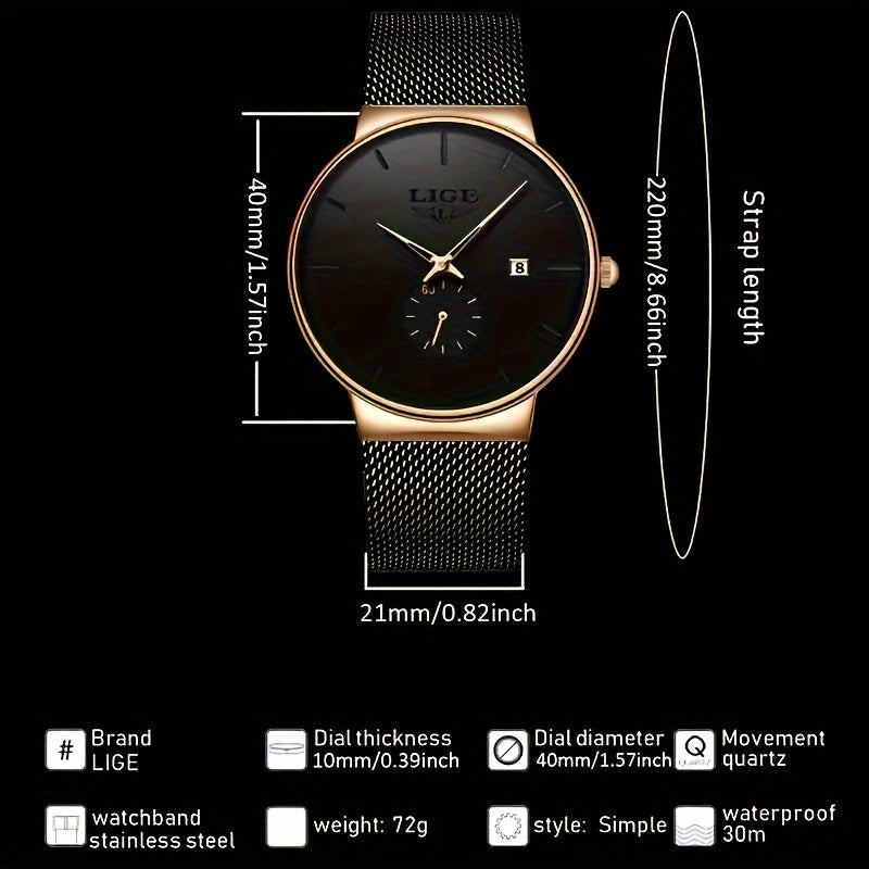 LIGE Minimalist Casual Men's Watch with Stainless Steel Mesh Belt. Leisure Fashion Men's Business Quartz Watches. Waterproof Calendar Wristwatch. Suitable for Gifts to Men.