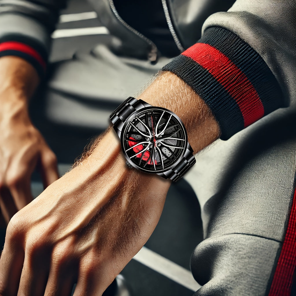 1pc Men's Trendy Black Alloy Sports Car Wheel Hub Design Quartz Watch - Fashionable Wrist Watches with Stylish Hubcap Pattern, Water Resistant and Accurate Timekeeping - Perfect for Outdoor Enthusiasts and Car Lovers