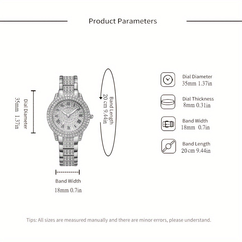 5 قطع من ساعات الكوارتز الدائرية بحزام من الفولاذ المقاوم للصدأ ومؤشر من سبائك الفولاذ المقاوم للصدأ وسوار من حجر الراين وقلادة وخاتم مجوهرات للنساء هدايا للعيد