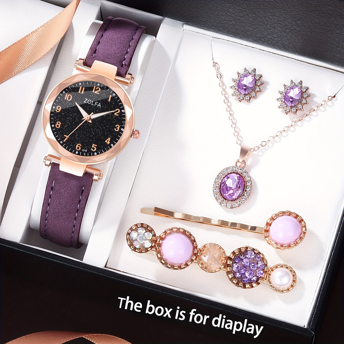 6pcs Purple Quartz Watches For Women Pu Leather Wrist Watch Alloy Pointer Jewelry Set Great Gift For Her Mom Girlfriend Gifts For Eid