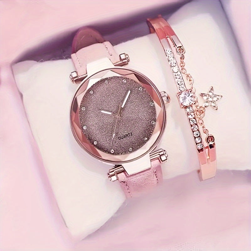 2pcs/set Women's Chic Quartz Heart-Shaped Watches and Sparkling Star Bracelet Set - an Elegant Gift For Her, The Perfect Choice For Valentine's Day