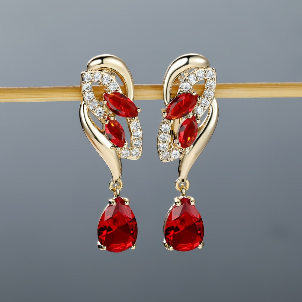 ANGOL Romantic Flower Dangle Earrings for Women - Golden-Tone Floral Design with Red & Clear Synthetic Gemstones, Elegant Party & Everyday Jewelry Gifts