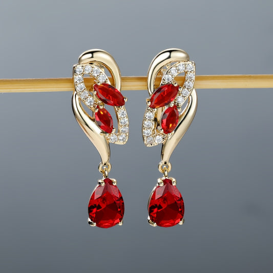 ANGOL Romantic Flower Dangle Earrings for Women - Golden-Tone Floral Design with Red & Clear Synthetic Gemstones, Elegant Party & Everyday Jewelry Gifts