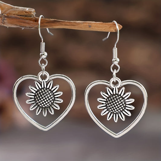 Retro Bohemian Hollow Heart With Sunflower Design Dangle Earrings Zinc Alloy Silver Plated Jewelry Female Trendy Gift