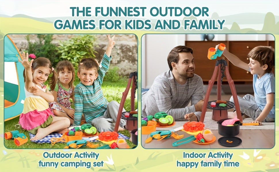 Kid Camping Games, Outdoor Toys For Kids 3-5, Camping Tool Pretend Role Play Toys With Kids Tent/Campfire/ Telescope/Play Food/Whistle/Oil Lamps, 3 4 5 6 Year Old Boy Girl Gifts