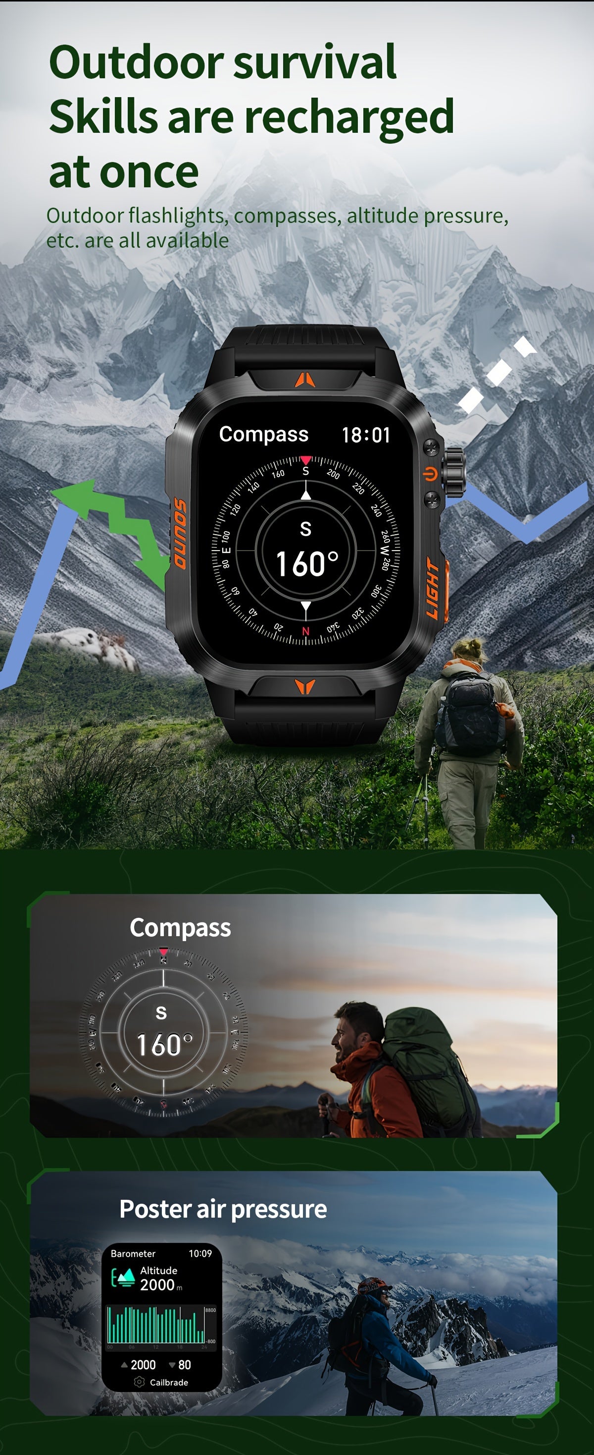 Outdoor smart watch, wireless calling, sports watch, compass, altimeter, barometer, LED flashlight, IP68, pedometer, fitness tracker, multimedia information viewing, weather 100+ sports modes, suitable for Android iPhone, Men