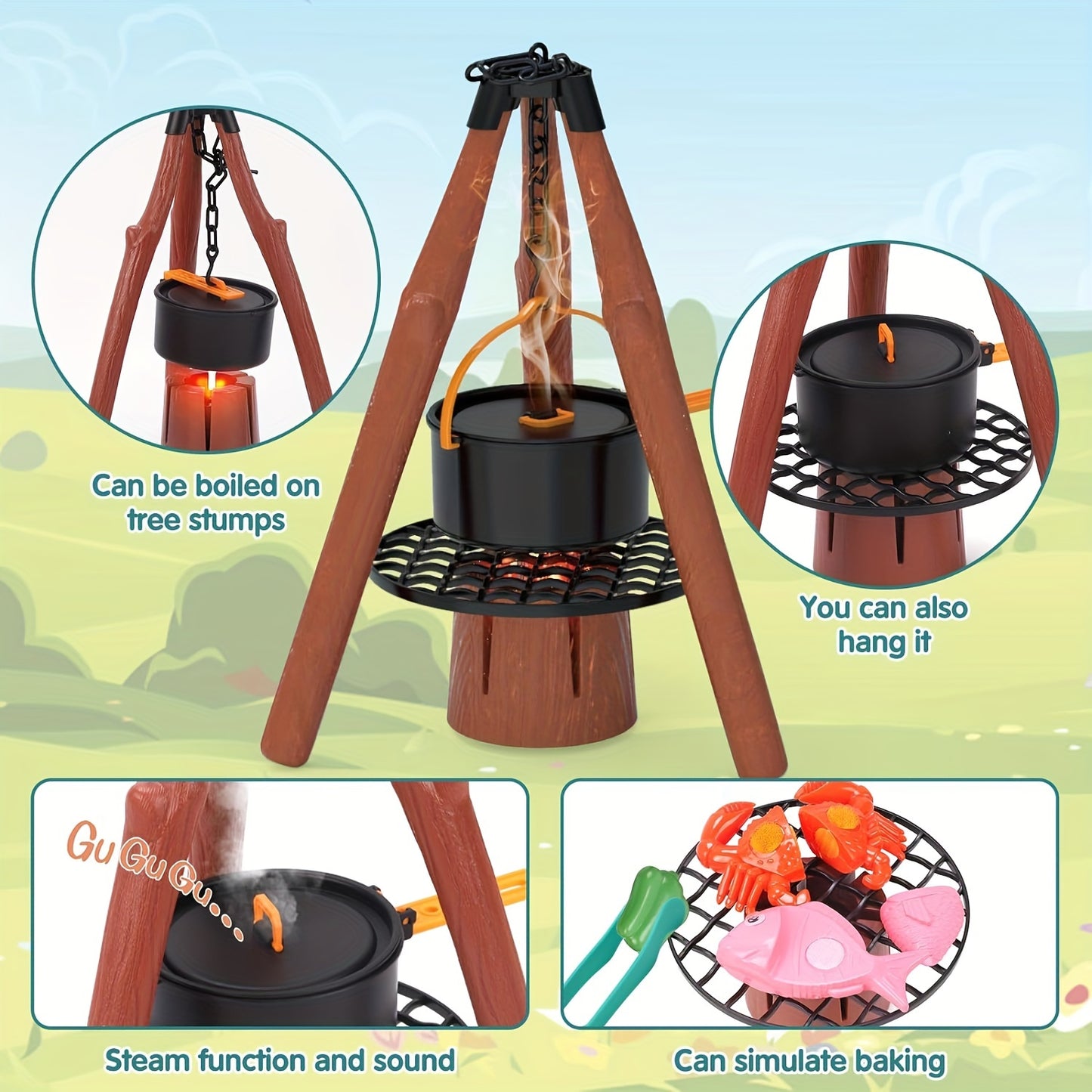 Kid Camping Games, Outdoor Toys For Kids 3-5, Camping Tool Pretend Role Play Toys With Kids Tent/Campfire/ Telescope/Play Food/Whistle/Oil Lamps, 3 4 5 6 Year Old Boy Girl Gifts