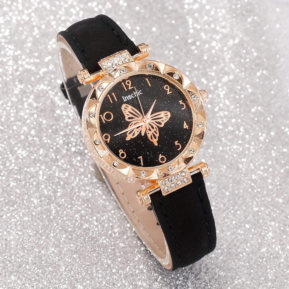 6 Pcs Elegant And Fashionable Watch Leather Strap Quartz Watches With Exquisite Butterfly Jewelry Set Gift For Friends
