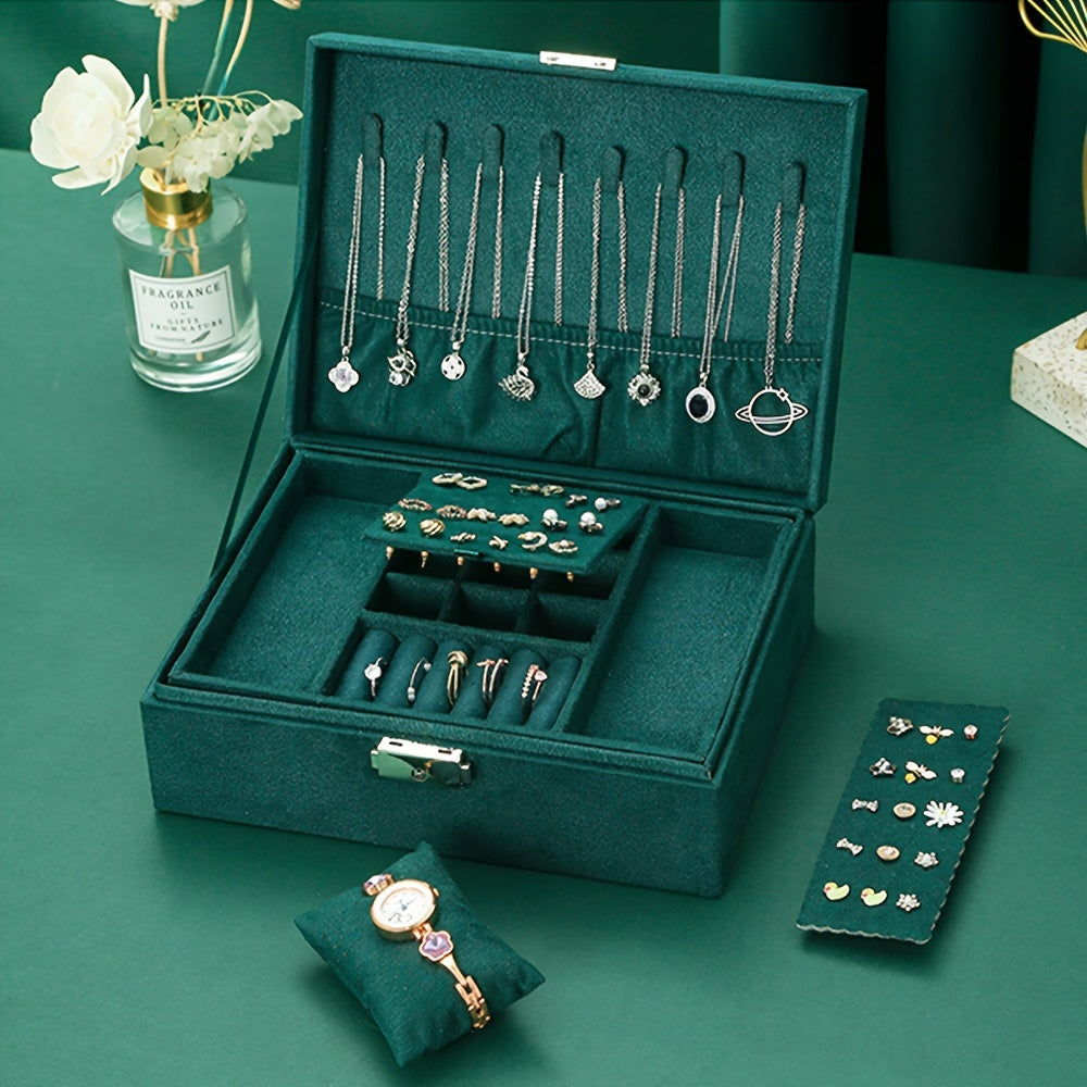 Vintage Glamour Jewelry Organizer Box - Spacious Dual-Level Storage with Lock, Safeguard Your Necklaces, Watches & Earrings in Style