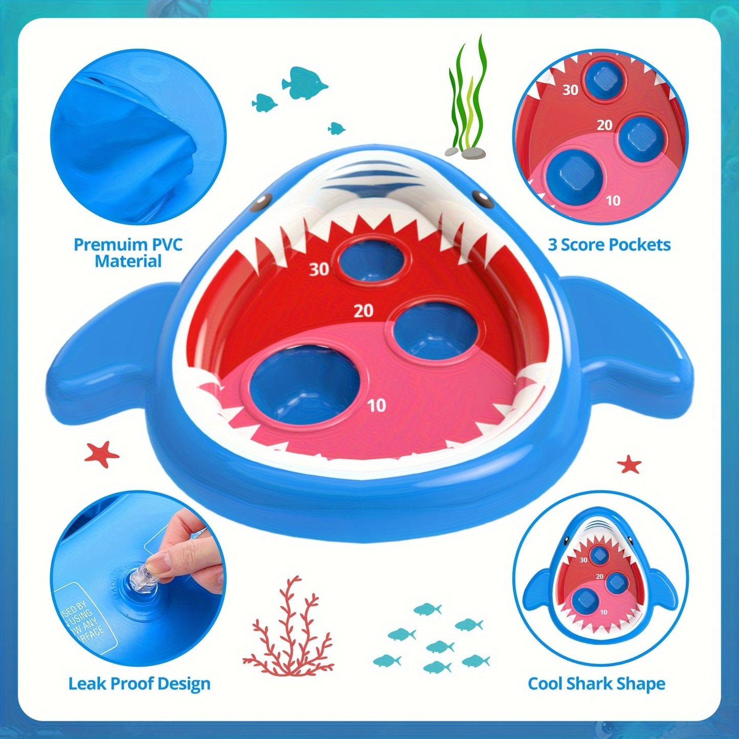 Eaglestone 2pcs Pool Shark Cornhole Toys For Kids, Inflatable Swimming Pool Toys For Adults Family, 8 Bean Bags Toss Game W/Sandbag Anchor, Floating Outdoor Beach Toys For Pool Game Party, Water Toy