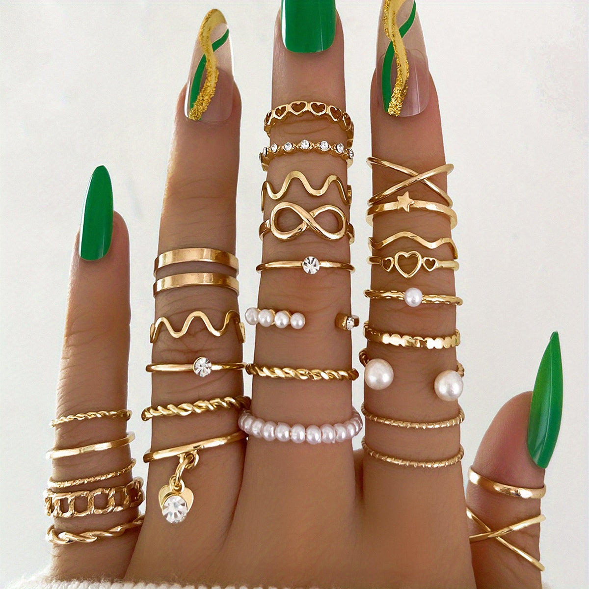 مجموعة خواتم كوكيت المتراصة من 28 قطعة - مرصعة بأحجار الراين، سلسلة لا نهائية عصرية، تصميم قلب، مزيج وتنسيق، للارتداء اليومي، إكسسوارات الحفلات، مجوهرات عصرية للنساء