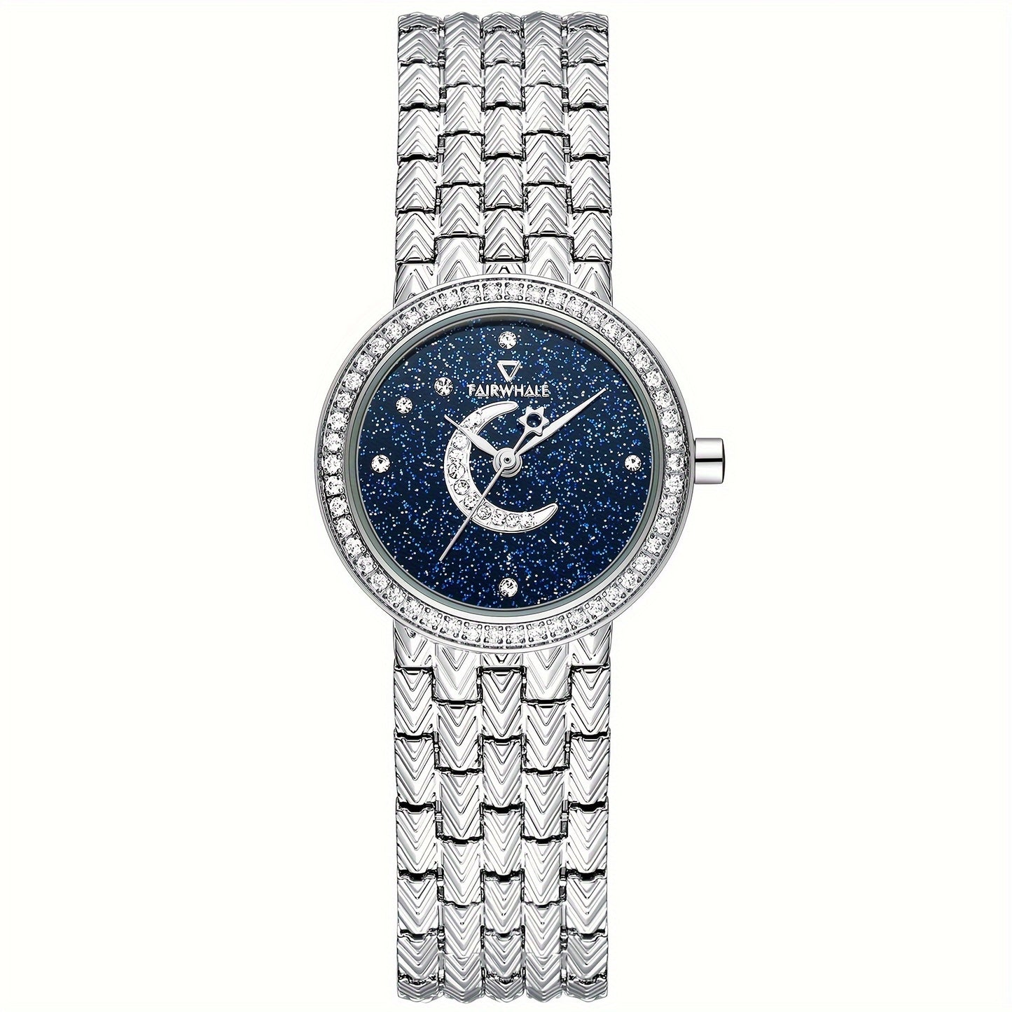 Round Quartz Watches Stainless Steel Strap Alloy Pointer Stainless Steel Rhinestone Dial Luminous Moon Phase Starry Sky Watches Gifts For Eid