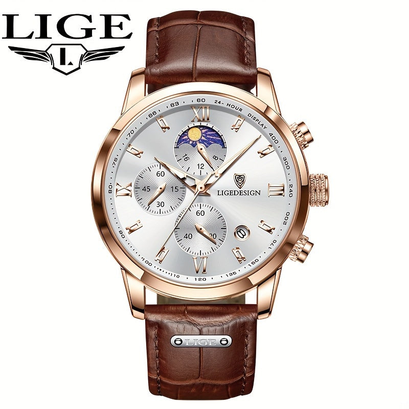 LIGE Men's Watch with Strap. Outdoor Sports Waterproof Watches. Chronograph Luminous Calendar Quartzwatches. Suitable as a Christmas gift.