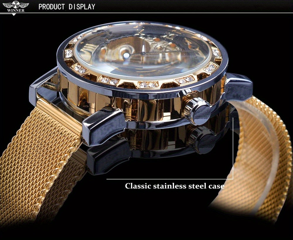 ساعة ميكانيكية عتيقة الهيكل العظمي بحزام من الفولاذ المقاوم للصدأ مرصعة بأحجار الراين، ساعة مضيئة، خيار مثالي للهدايا