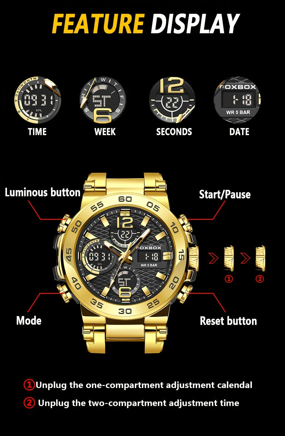 Fashion Casual Men's Watch with Multiple Color Choices. Electronic Dual Display Glowing Multi-Functional Chronograph Watches. Suitable for outdoor camping