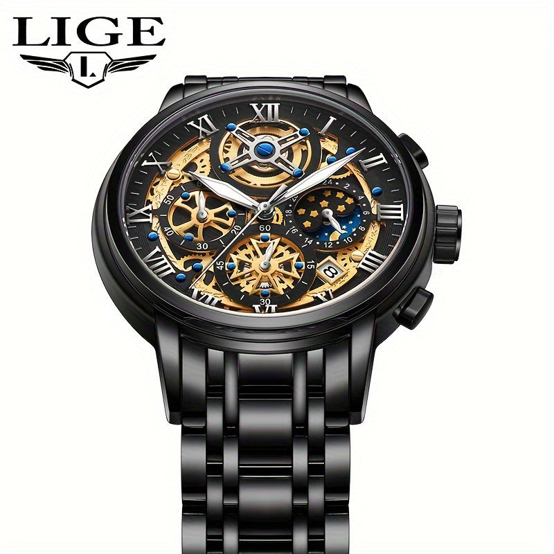 LIGE Noble Luxury Business men's Watch Stainless Steel Strap. Fashion Creative Gear Dial Waterproof Luminous Calendar Quartz Watches. Suitable for family gatherings as gifts