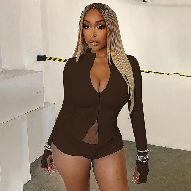 Stand-up Collar Zippered Casual Shorts And Socks Three-piece Set