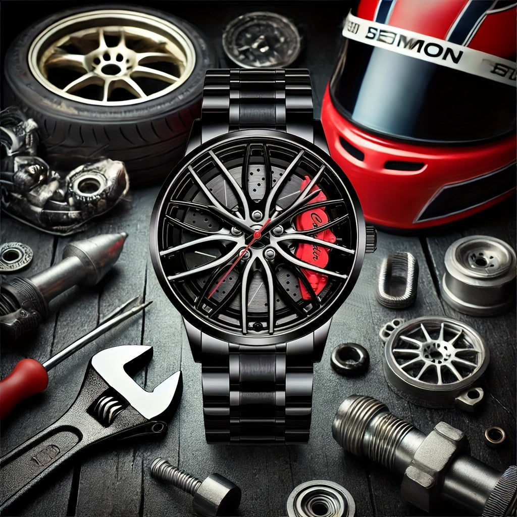1pc Men's Trendy Black Alloy Sports Car Wheel Hub Design Quartz Watch - Fashionable Wrist Watches with Stylish Hubcap Pattern, Water Resistant and Accurate Timekeeping - Perfect for Outdoor Enthusiasts and Car Lovers