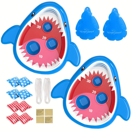 Eaglestone 2pcs Pool Shark Cornhole Toys For Kids, Inflatable Swimming Pool Toys For Adults Family, 8 Bean Bags Toss Game W/Sandbag Anchor, Floating Outdoor Beach Toys For Pool Game Party, Water Toy