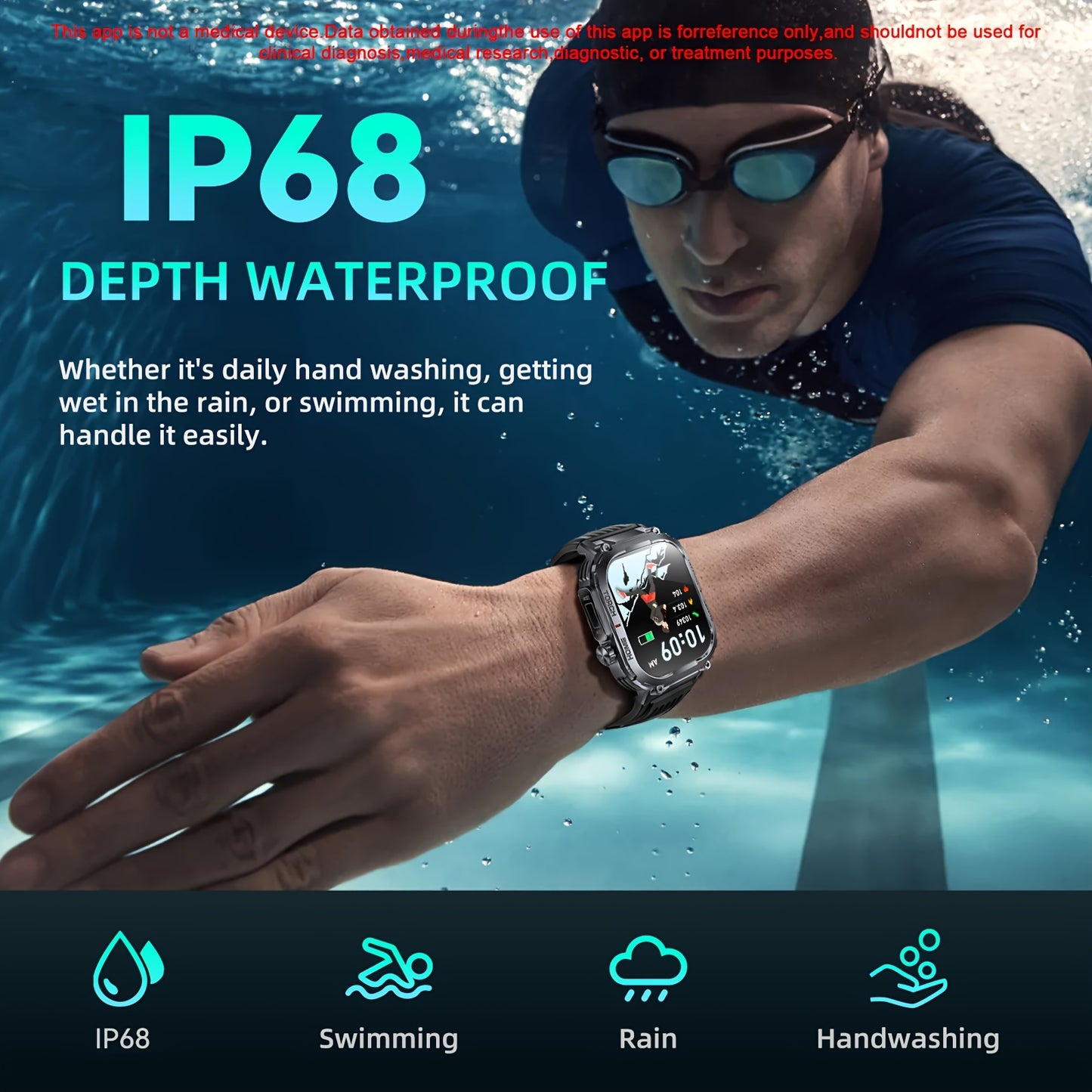 2.02" Smartwatch IP68 Waterproof for Men Women, Answer/Dial Calls Watch with LED Flashlight, Full Touch Screen Compatible with iPhone and Android Phones - Black