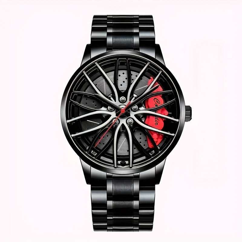 1pc Men's Trendy Black Alloy Sports Car Wheel Hub Design Quartz Watch - Fashionable Wrist Watches with Stylish Hubcap Pattern, Water Resistant and Accurate Timekeeping - Perfect for Outdoor Enthusiasts and Car Lovers