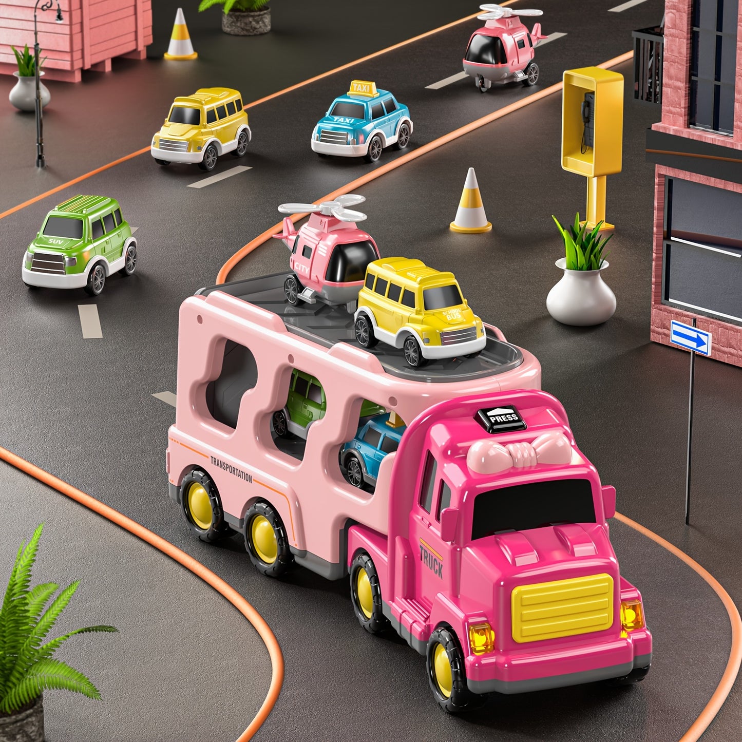 Girls Truck Toys For 3 4 5 6 Year Old Girls, 5-in-1 Friction Power Vehicle Car Toy For Toddlers 3-6, Carrier Toys For Kids 3-5, Christmas Birthday Gifts For Girls Age 3-9