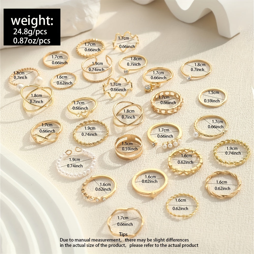 مجموعة خواتم كوكيت المتراصة من 28 قطعة - مرصعة بأحجار الراين، سلسلة لا نهائية عصرية، تصميم قلب، مزيج وتنسيق، للارتداء اليومي، إكسسوارات الحفلات، مجوهرات عصرية للنساء