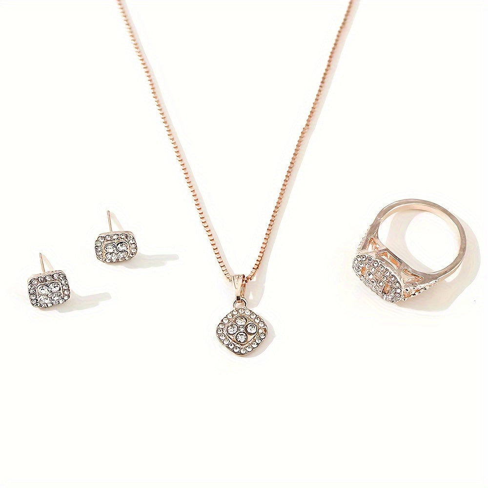 5 Pcs Round Quartz Watches Stainless Steel Strap Alloy Pointer Stainless Steel Dial And Rhinestone Bracelet Necklace Ring Jewelry For Women Gifts For Eid