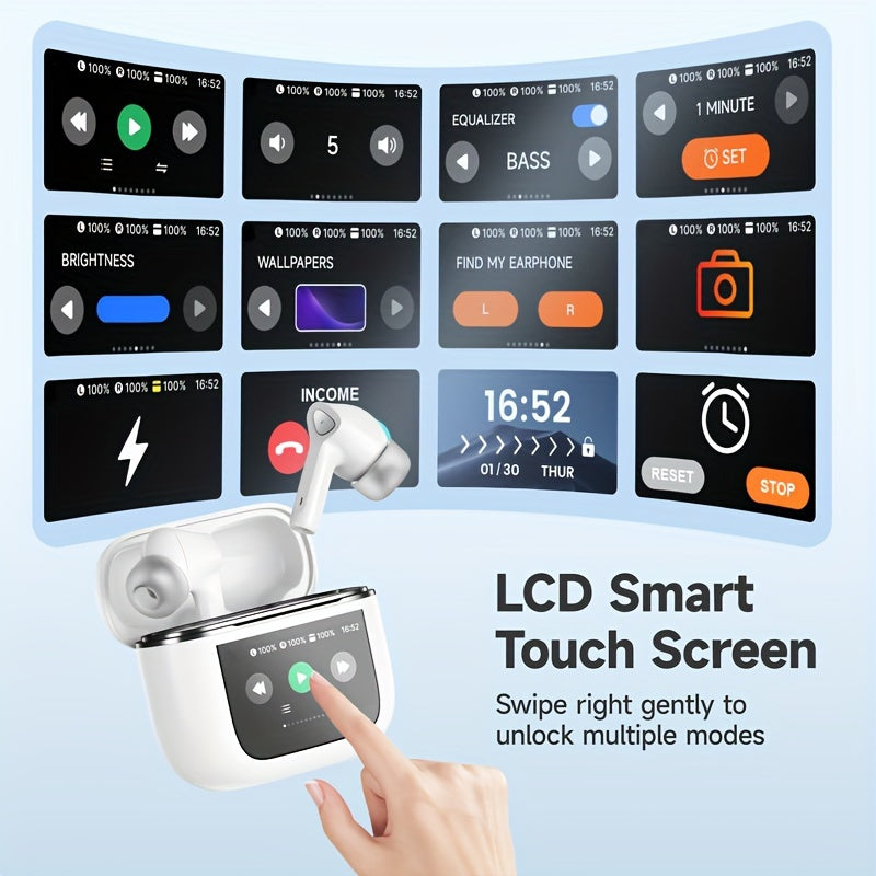 50H Playtime Smart Wireless Earbuds 5.3 with Touch Screen Charging Case - Bass Stereo Earphones with Mic for Sports, Work, Android/Phones