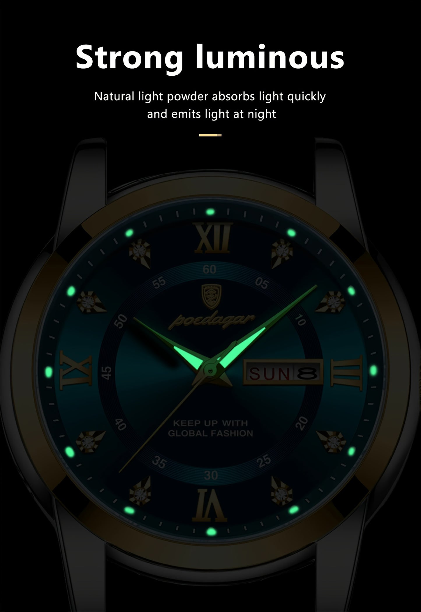 Elegant Date Week Waterproof Luminous Quartz Watch, Stainless Steel Sports Men's Watches